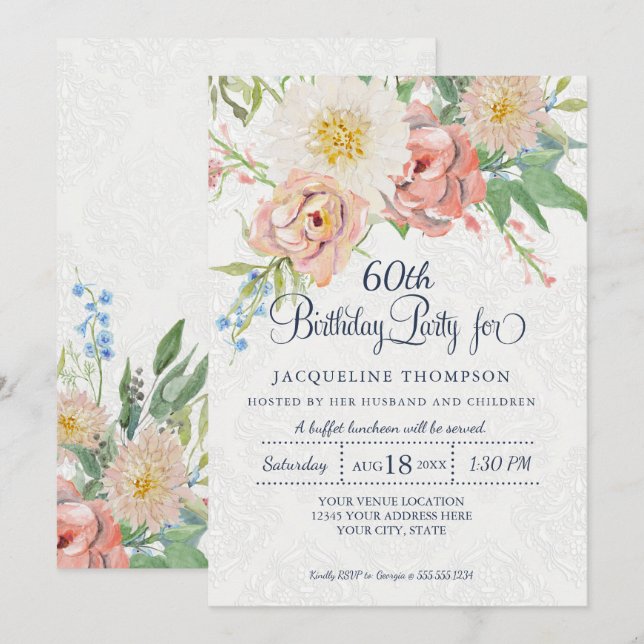 Invitación 60º cumpleaños Pastel Rubor n Floral pintada blanc (Anverso / Reverso)