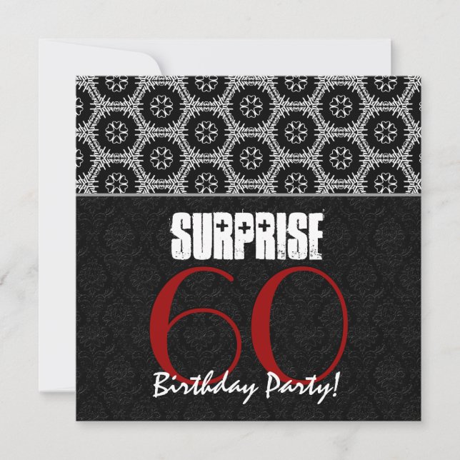 Invitación 60º cumpleaños sorpresa rojo negro blanco V02B2 (Anverso)