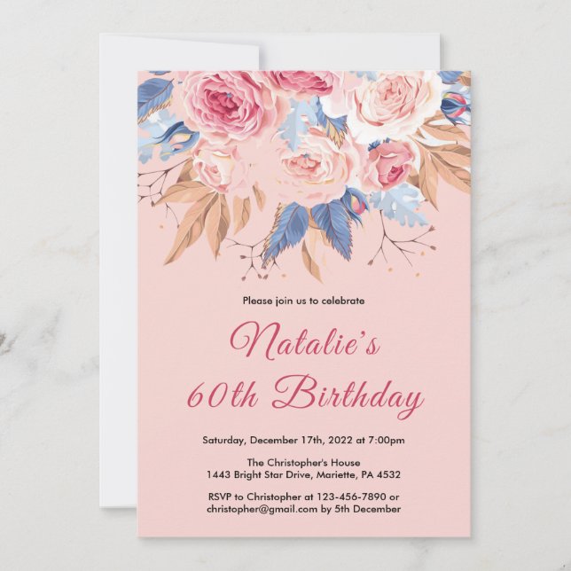 Invitación 60.ª acuarela Floral Rosa Botánica (Anverso)