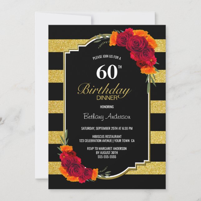 Invitación 60.ª cena de cumpleaños Floral de oro negro a raya (Anverso)