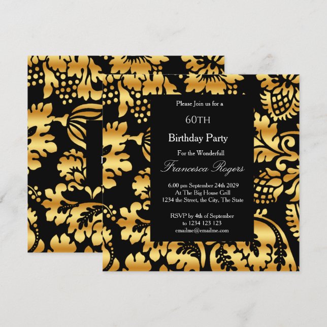 Invitación 60.ª Elegante Fiesta de Cumpleaños Gold Black (Anverso / Reverso)