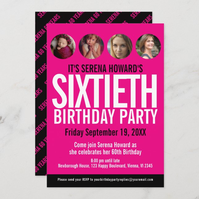 Invitación 60.ª festividad de círculos de fotos en blanco y n (Anverso / Reverso)
