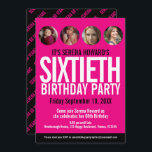 Invitación 60.ª festividad de círculos de fotos en blanco y n<br><div class="desc">Impresión gráfica simple, rosa caliente, negro y blanco, plantilla de fotos de unisex 60ª invitación de cumpleaños. Personalice esta invitación de cumpleaños con sus propios detalles de la fiesta de cumpleaños, y cuatro fotos diferentes de su chica de cumpleaños en los círculos de fotos. Están disponibles colores de otros años...</div>
