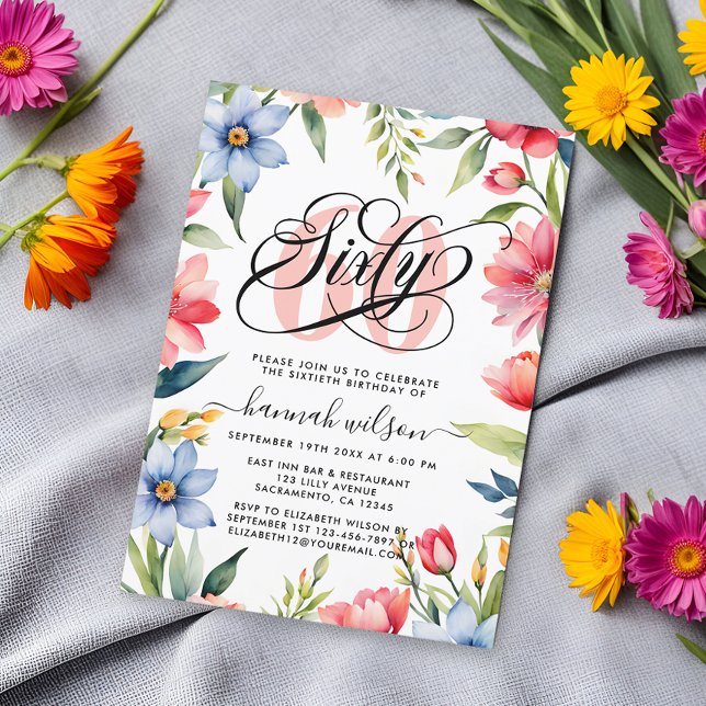 Invitación 60.ª fiesta de cumpleaños acuarela Floral Foto (Subido por el creador)