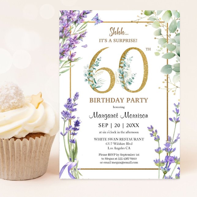 Invitación 60.ª Fiesta de Cumpleaños Acuarela Lavanda Púrpura (Subido por el creador)