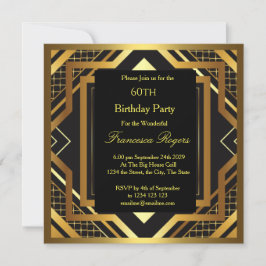 Invitación 60.ª fiesta de cumpleaños Art Deco Oro Negro