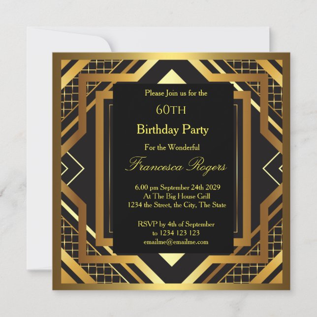 Invitación 60.ª fiesta de cumpleaños Art Deco Oro Negro (Anverso)