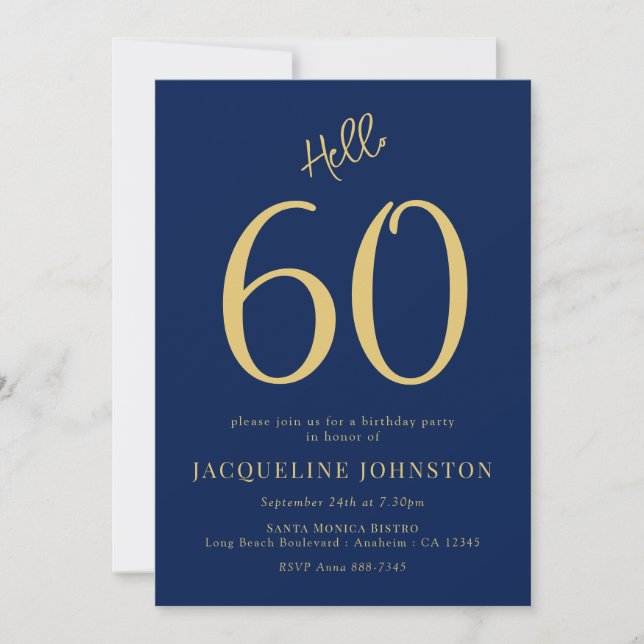 Invitación 60.ª Fiesta De Cumpleaños Azul Y Oro Hola 60 (Anverso)