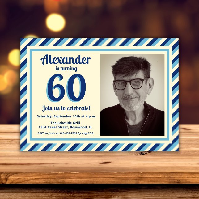 Invitación 60.ª Fiesta de Cumpleaños Bandas Retro Azules Foto (Subido por el creador)