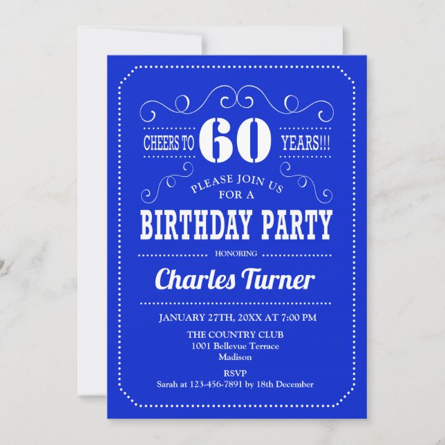 Invitación 60.ª Fiesta de Cumpleaños - Blanco Azul Real (Anverso)