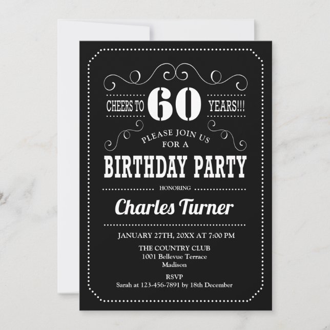 Invitación 60.ª fiesta de cumpleaños - Blanco negro (Anverso)