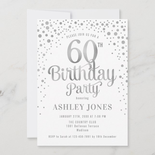 Invitación 60.ª fiesta de cumpleaños - Blanco y Plata (Anverso)