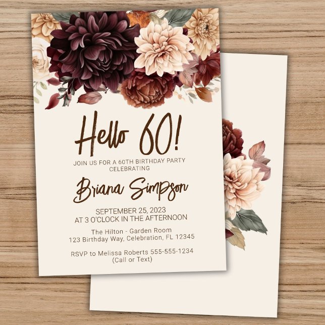 Invitación 60.ª Fiesta de Cumpleaños Brown Beige Ivory Floral (Subido por el creador)
