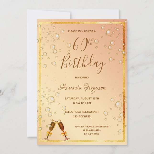 Invitación 60.ª fiesta de cumpleaños burbujas de oro glam (Anverso)