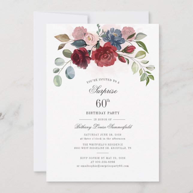 Invitación 60.ª fiesta de cumpleaños con flores de Borgoña (Anverso)