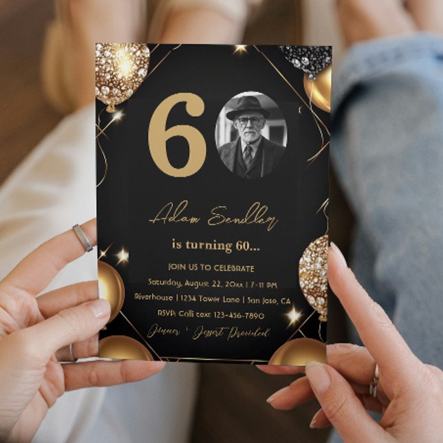 Invitación 60.ª fiesta de cumpleaños con globos y purpurina (Subido por el creador)