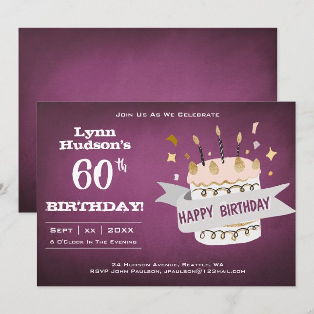 Invitación 60.ª Fiesta de Cumpleaños con Nombre (Anverso / Reverso)