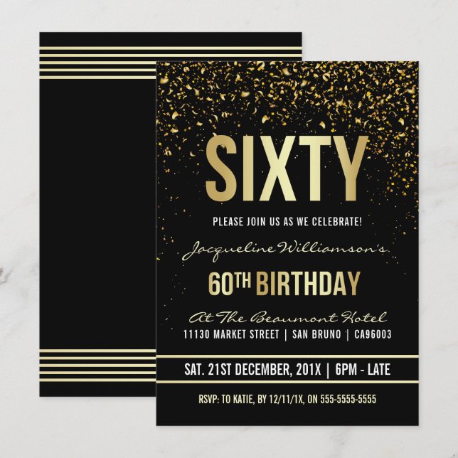 Invitación 60.ª fiesta de cumpleaños | Confetti de oro deslum (Anverso / Reverso)