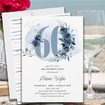 Invitación 60.ª Fiesta de Cumpleaños Costa Azul Floral Número<br><div class="desc">Invitación a la fiesta de cumpleaños número 60 decorada con brotes de rosa, flores y follaje en tonos azul y arena costera. Diseño sutil femenino y elegante con arreglos florales de acuarela, salpicaduras de pintura y trazos de pincel. Perfecto para la celebración de los 60 años con ambiente costero, casa...</div>