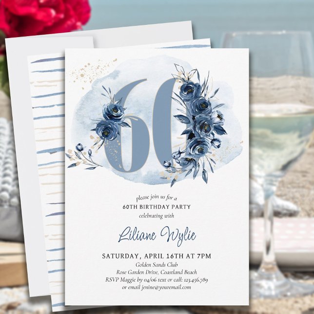 Invitación 60.ª Fiesta de Cumpleaños Costa Azul Floral Número (Subido por el creador)