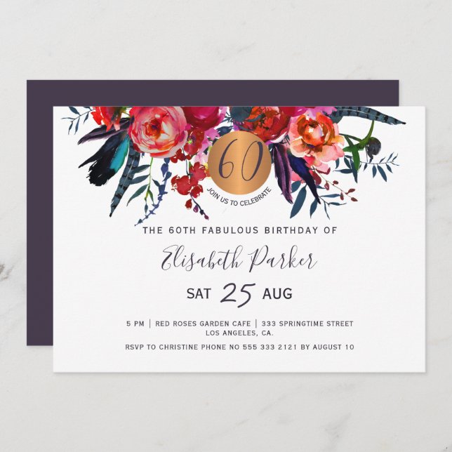 Invitación 60.ª fiesta de cumpleaños del boho floral y modern (Anverso / Reverso)