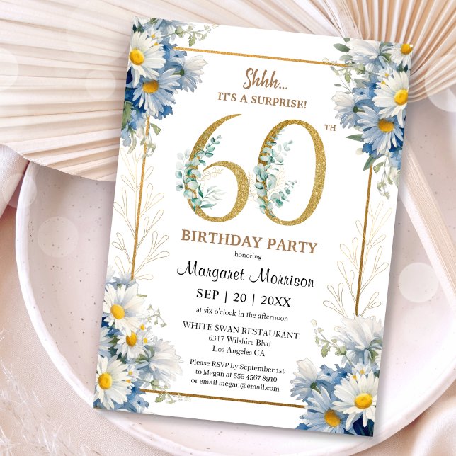 Invitación 60.ª Fiesta de Cumpleaños Dorada Elegante Floral d (Subido por el creador)