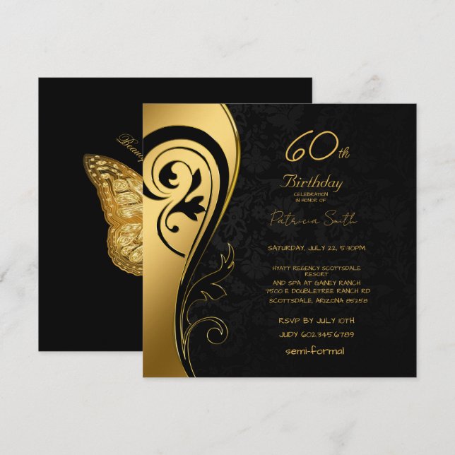 Invitación 60.ª Fiesta de Cumpleaños Elegante Black & Gold Sw (Anverso / Reverso)