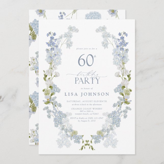 Invitación 60.ª Fiesta de Cumpleaños Elegante Floral Azul Dus (Anverso / Reverso)