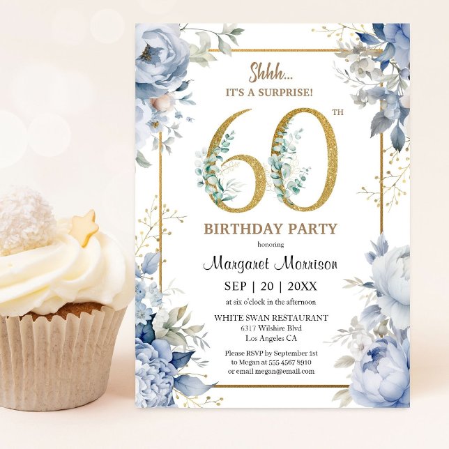 Invitación 60.ª Fiesta de Cumpleaños Elegante Floral Azul Dus (Subido por el creador)