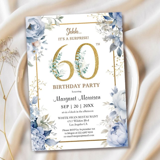 Invitación 60.ª Fiesta de Cumpleaños Elegante Floral Azul Dus (Subido por el creador)