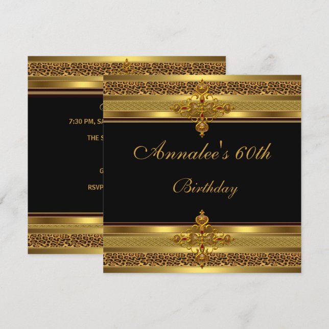 Invitación 60.ª Fiesta de Cumpleaños Elegante Oro Ornato Negr (Anverso / Reverso)