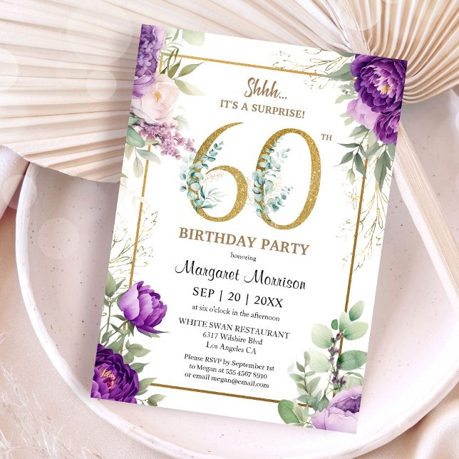 Invitación 60.ª Fiesta de Cumpleaños Elegante Oro Peony (Subido por el creador)