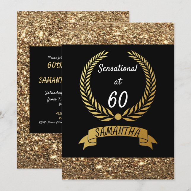 Invitación 60.ª Fiesta de Cumpleaños Elegante Purpurina de Or (Anverso / Reverso)