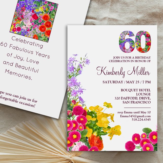 Invitación 60.ª fiesta de cumpleaños floral moderna fiesta de (Subido por el creador)