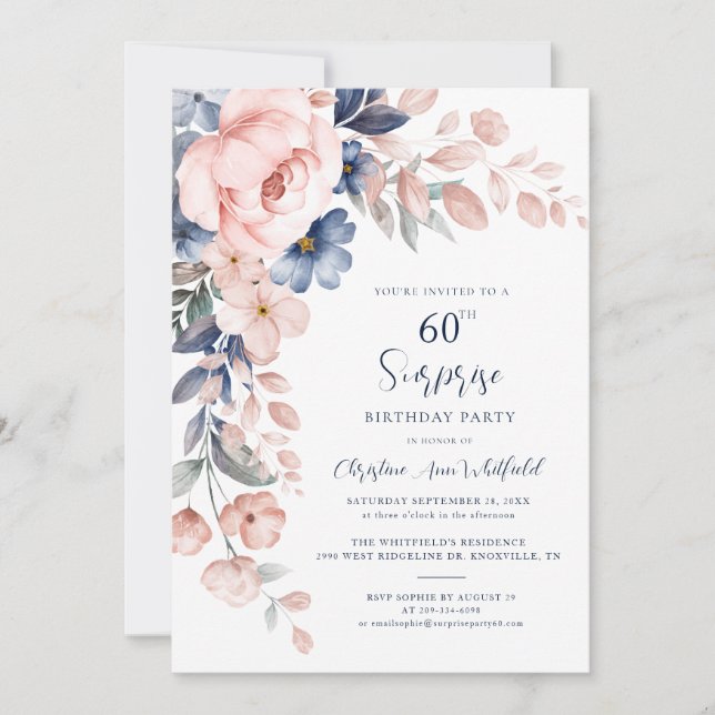 Invitación 60.ª fiesta de cumpleaños Floral rosa (Anverso)