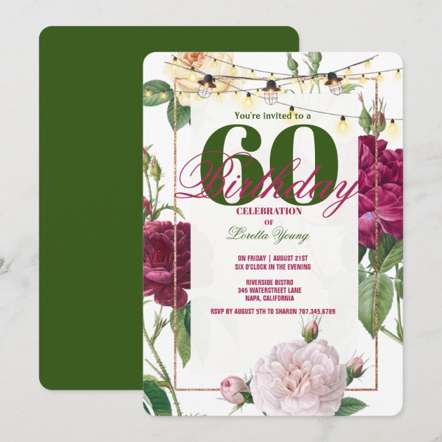 Invitación 60.ª Fiesta de Cumpleaños, Flores Rosas/Rosa Marco (Anverso / Reverso)