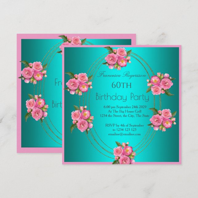 Invitación 60.ª Fiesta de Cumpleaños Flores Verde azuladas de (Anverso / Reverso)