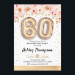 Invitación 60.ª fiesta de cumpleaños - Globos de oro<br><div class="desc">60.ª invitación a la fiesta de cumpleaños. Elegante diseño en falso oro purpurina con acento floral. Invitar tarjeta con el número de oro 60 globos, letra de guión con confeti. Rosa de coral Rubor, blanco. Perfecto para una elegante celebración de los sesenta días. Mándame un mensaje si necesitas edad personalizado....</div>