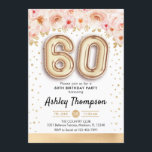 Invitación 60.ª fiesta de cumpleaños - Globos de oro<br><div class="desc">60.ª invitación a la fiesta de cumpleaños. Elegante diseño en falso oro purpurina con acento floral. Invitar tarjeta con el número de oro 60 globos, letra de guión con confeti. Rosa de coral Rubor, blanco. Perfecto para una elegante celebración de los sesenta días. Mándame un mensaje si necesitas edad personalizado....</div>