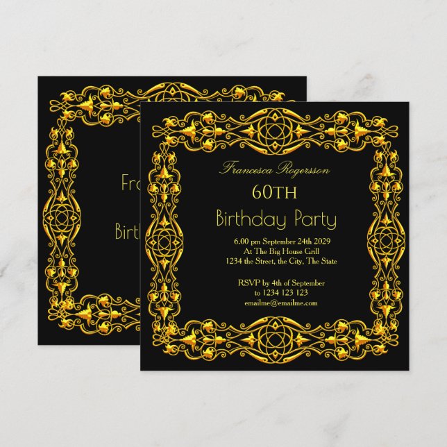 Invitación 60.ª Fiesta de Cumpleaños Gold Black (Anverso / Reverso)