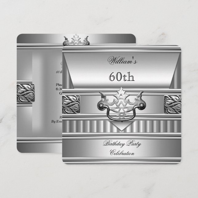 Invitación 60.ª Fiesta de Cumpleaños Hombres Elegantes Plata  (Anverso / Reverso)