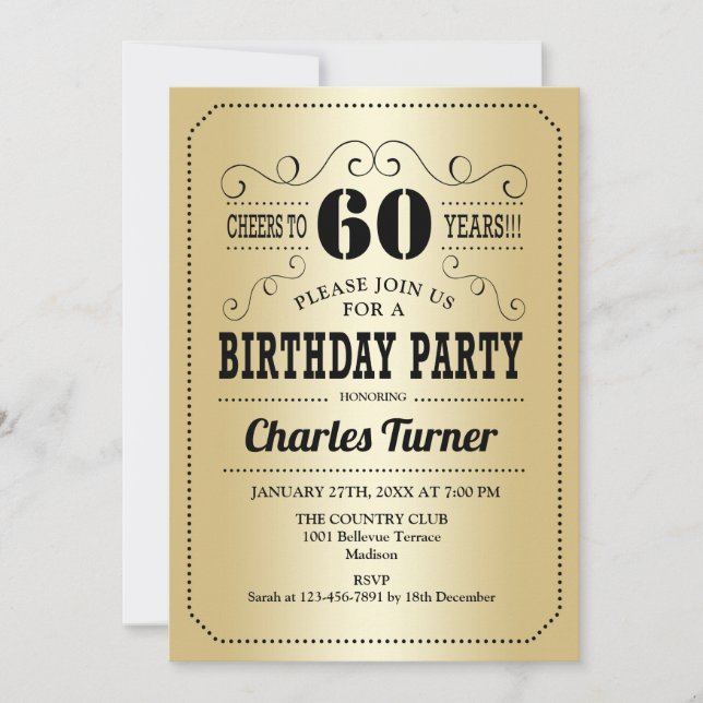 Invitación 60.ª fiesta de cumpleaños - Negro de oro (Anverso)