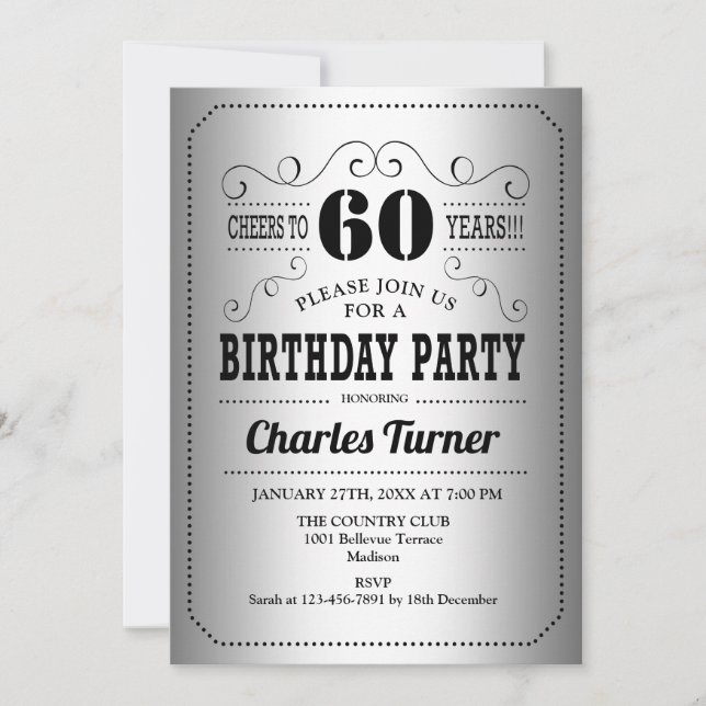 Invitación 60.ª fiesta de cumpleaños - negro plateado (Anverso)