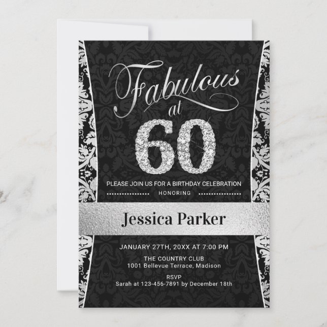 Invitación 60.ª fiesta de cumpleaños - negro plateado (Anverso)