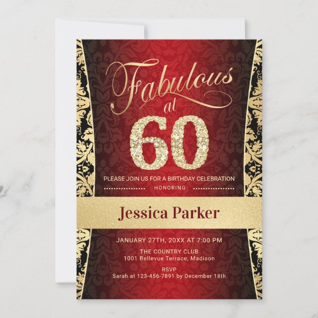 Invitación 60.ª fiesta de cumpleaños - Negro rojo dorado (Anverso)