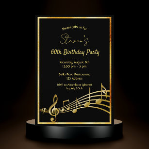 Invitación 60.ª fiesta de cumpleaños notas de música en negro