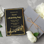 Invitación 60.ª fiesta de cumpleaños notas de música en negro<br><div class="desc">¡Vamos fiesta y bailemos! Una moderna y moderna tarjeta de invitación para la fiesta de cumpleaños número 60 para hombres y mujeres. Un fondo negro clásico, con un marco dorado falso y notas musicales, letras de colores dorados. Plantillas para la información de su fiesta. Atrás: Color negro imita notas de...</div>