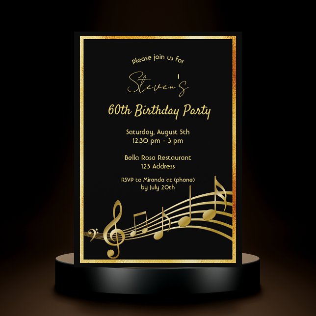 Invitación 60.ª fiesta de cumpleaños notas de música en negro (Subido por el creador)