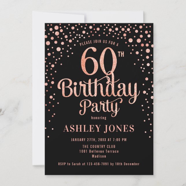 Invitación 60.ª fiesta de cumpleaños - Oro negro y Rosa (Anverso)