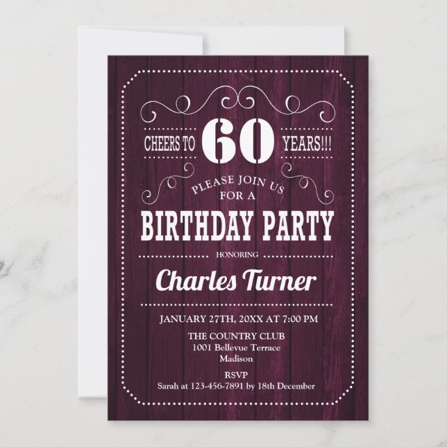 Invitación 60.ª fiesta de cumpleaños - Patrón de madera de Bo (Anverso)